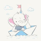 Lovely cute baby elephant swims in the paper boat. Summer series of children's card with cartoon style animal. Easy vector illustration