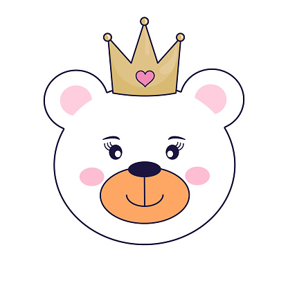 Lovely cute bear princess face in gold crown, isolated object on white background.