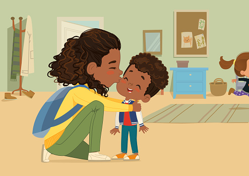 Lovely dark skin woman giving goodbye kiss to little son at nursery school vector flat illustration. Adorable African American family feeling love and tenderness to each other having happy childhood