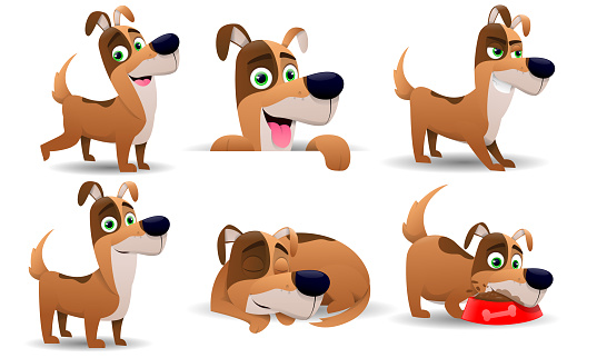 Lovely dogs with different personalities and postures. Puppy in cartoon style, isolated on white background. A cute pet pet in everyday routine. Vector illustration