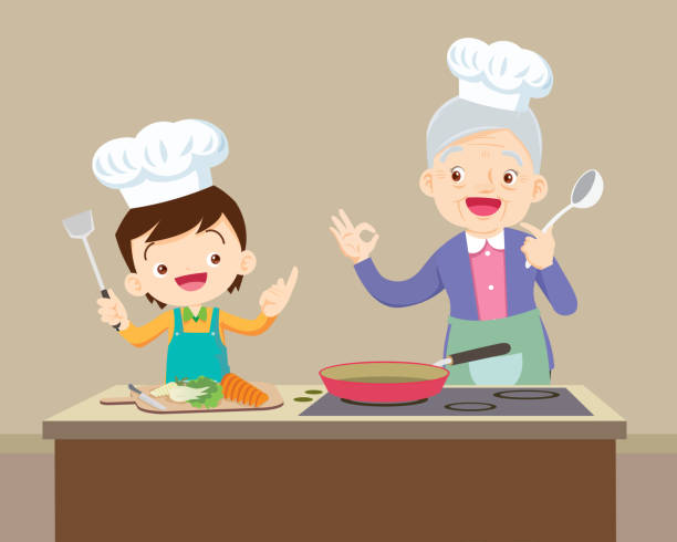 schöne großmutter und kind junge kochen in der küche - oma kocht stock-grafiken, -clipart, -cartoons und -symbole