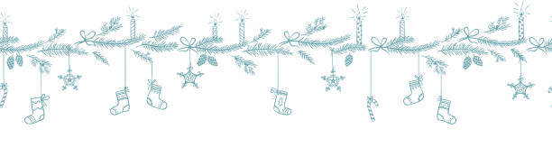 Lovely hand dawn seamless christmas garland with branches and stocking, great for banners, wallpapers, cards textiles - vector design Lovely hand dawn seamless christmas garland with branches and stocking, great for banners, wallpapers, cards textiles - vector design christmas stocking stock illustrations