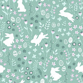 istock Lovely hand drawn easter bunnies seamless pattern, cute rabbits, springs flowers and easter eggs - great for textiles, banners, wallpapers, wrapping, cards - vector design 1308614473