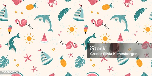 istock Lovely hand drawn summer seamless pattern, cute doodles, beach background, great for textiles, swimwear, wrapping, banners, wallpapers - vector design 1320950704
