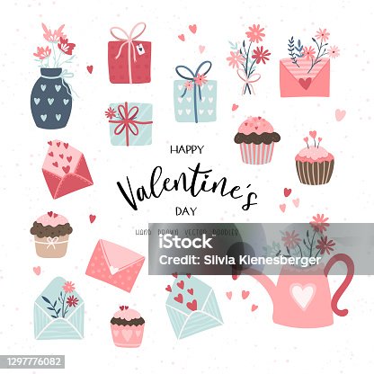 istock Lovely hand drawn Valentine's Day design, cute doodle cupcakes, gift boxes, letters and flowers, boho style - vector design 1297776082