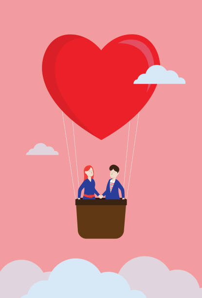 ilustrações, clipart, desenhos animados e ícones de amante flutua no céu por um balão em forma de coração - namorados