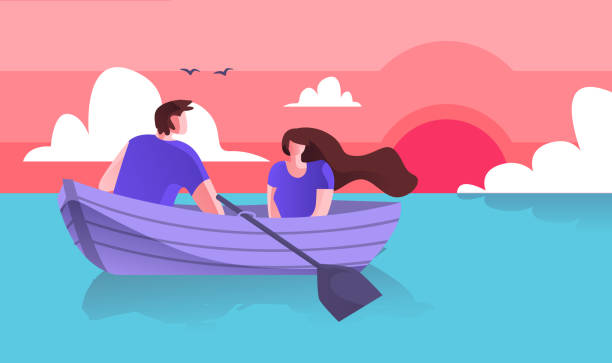 ilustrações de stock, clip art, desenhos animados e ícones de lovers guy with girl boating on sea cartoon flat. - chalana
