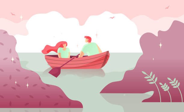 ilustrações de stock, clip art, desenhos animados e ícones de lovers man and woman boating on river cartoon. - chalana