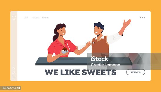 istock Loving Couple Eating Dessert At Cafe Landing Page Template. Smiling Woman Feed Man with Ice Cream, Friends in Cafeteria 1409375474