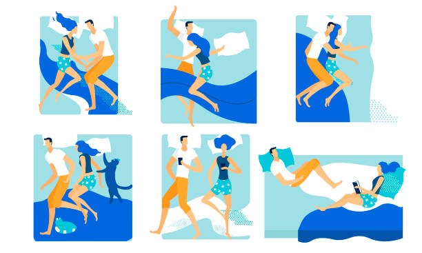 ilustrações de stock, clip art, desenhos animados e ícones de loving couple sleeping and lounging in one bed set - sleeping couple