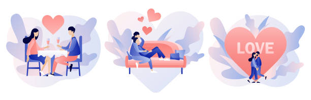 Loving couple spending time or relaxing together. Romantic date concept. Characters Valentine day set. Modern flat cartoon style. Vector illustration on white background Loving couple spending time or relaxing together. Romantic date concept. Characters Valentine day set. Modern flat cartoon style. Vector illustration date night stock illustrations