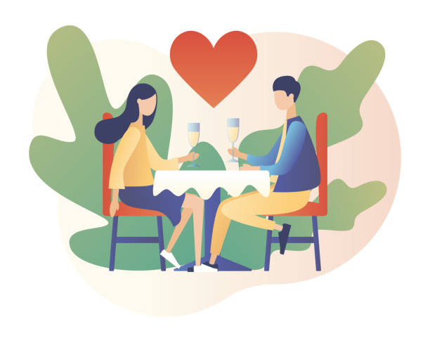 Loving couple spending time or relaxing together. Romantic dinner in restaurant. Romantic date concept. Characters Valentine day. Modern flat cartoon style. Vector illustration on white background Loving couple spending time or relaxing together. Romantic dinner in restaurant. Romantic date concept. Characters Valentine day. Modern flat cartoon style. Vector illustration couple relationship stock illustrations