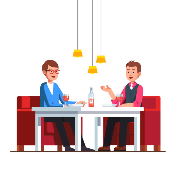 Loving gay couple sitting at restaurant table Loving gay couple sitting at restaurant table, drinking rose wine, celebrating anniversary or valentine day. Homosexual lovers having romantic date. Flat cartoon vector isolated illustration. date night stock illustrations