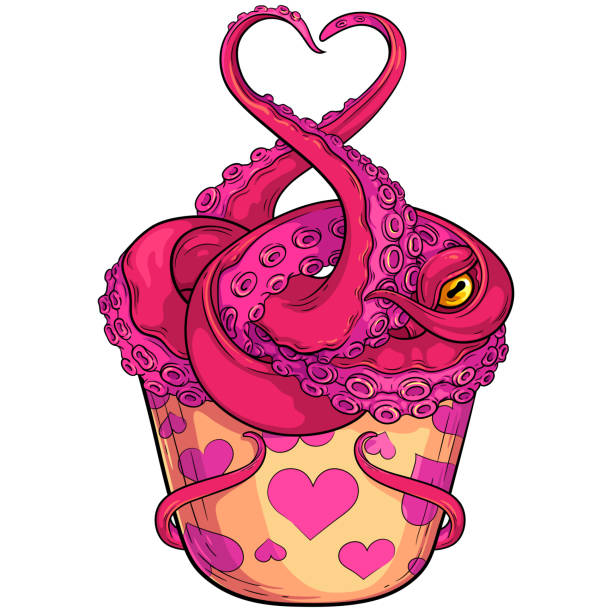 Loving Monster Dessert colorful vector illustration. Isolated on white. For clothes, web and graphic design, menus, greeting cards, covers or invitations. Heart - shaped octopus design. Saint Valentine's Day design. cupcakes coloring pages stock illustrations