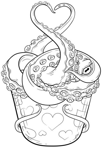 Loving Monster Dessert vector illustration. Line art. Isolated on white. For clothes, web and graphic design, menus, cards or invitations. Coloring book illustration. Change white to any color you please. Saint Valentine's Day design. cupcakes coloring pages stock illustrations