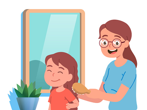 Loving mother combing hair of daughter kid in front of home mirror. Smiling mom taking care of her girl. Parenting and family relationship. Flat vector illustration