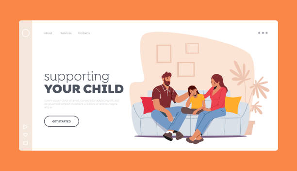 stockillustraties, clipart, cartoons en iconen met loving parents support child landing page template. father and mother comforting upset kid, daughter with sad face - embrace man woman serious
