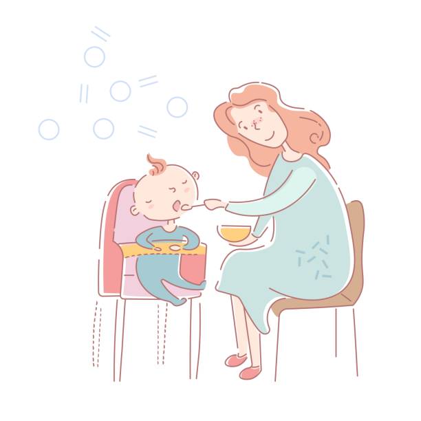 genç anne sevgilisi ve annelik bir kavram bir kase formülü kaşık ile bir yüksek sandalyede bebeği beslenme loving - baby formula stock illustrations