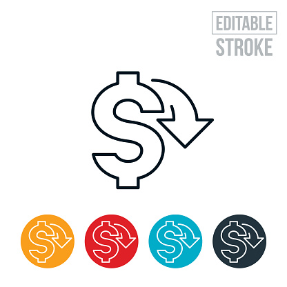 An icon of a dollar sign with a downwards arrow to indicate low cost or down payment. The icon includes editable strokes or outlines using the EPS vector file.