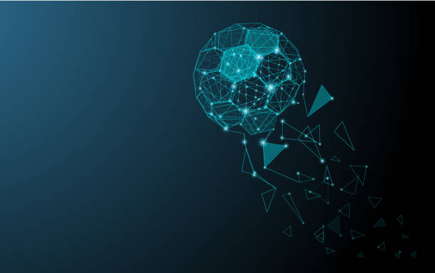 Low poly abstract trinagles and hexagons soccer ball isolated on dark blue background. Low poly abstract trinagles and hexagons soccer ball isolated on dark blue background. World network connection style. Techno modern tournament soccer footbal ball design. soccer borders stock illustrations