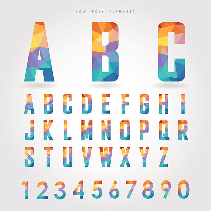 low poly alphabet and number on polygon concept
