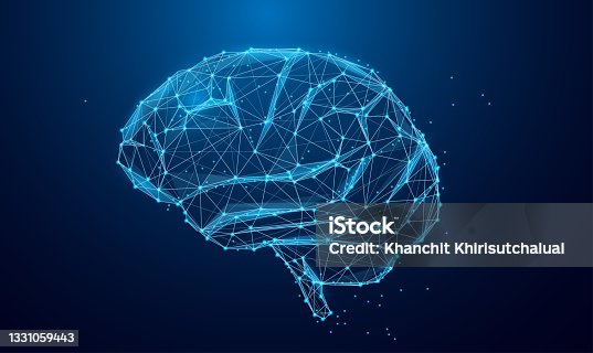 istock Low poly brain or Artificial intelligence concept. Symbol of Wisdom point. Abstract vector image of a human brain. Low Polygonal wireframe blue illustration on dark background. Lines and dots. 1331059443