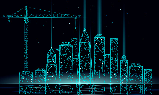Low poly building under construction crane. Industrial modern business technology. Abstract polygonal geometric 3D cityscape urban silhouette. High tower skyscraper night blue sky vector illustration