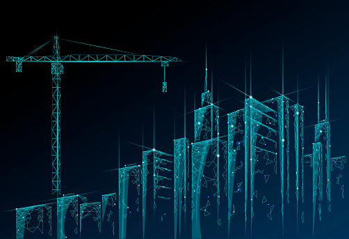 Low poly building under construction crane. Industrial modern business technology. Abstract polygonal geometric 3D cityscape urban silhouette. High tower skyscraper night blue sky vector illustration