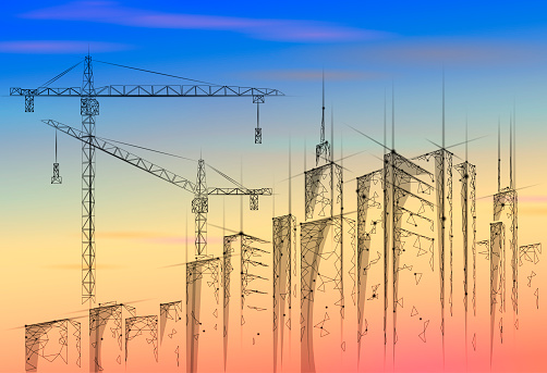 Low poly building under construction crane sunrise. Industrial modern business technology. Colorful sunset sky 3D cityscape urban silhouette. High tower skyscraper vector illustration