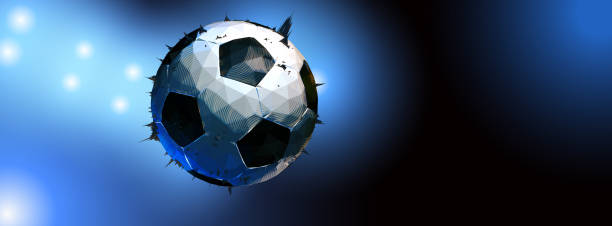 Low poly football with spotlight on dark banner BG Polygonal line art soccer ball in the mid air with blue stadium spotlight on dark space background background of a classic black white soccer ball stock illustrations