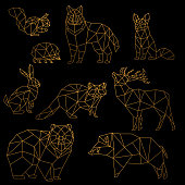 Low poly luxury golden line animals set. Origami poligonal gold line animals. Wolf bear, deer, wild boar, fox, raccoon, rabbit and hedgehog on black background