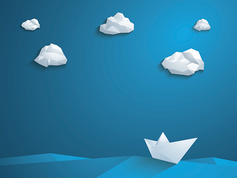 Low poly paper boat vector background. Polygonal clouds and waves