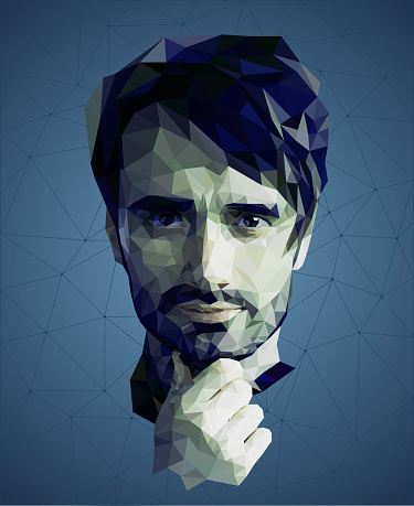 Low poly portrait of a man, reflective meditative face, blue colors, vector