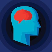 Vector illustration of a silhouette of a man with a brain in low poly style.