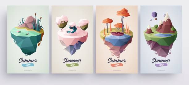 Low polygonal geometric nature islands. Vector Illustration, low poly style. Background design for banner, poster, flyer, cover, brochure. Low polygonal geometric nature islands. Vector Illustration, low poly style. Background design for banner, poster, flyer, cover, brochure. island stock illustrations