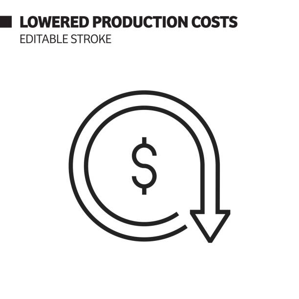 Lowered Production Costs Line Icon, Outline Vector Symbol Illustration. Pixel Perfect, Editable Stroke. Lowered Production Costs Line Icon, Outline Vector Symbol Illustration. Pixel Perfect, Editable Stroke. ease stock illustrations