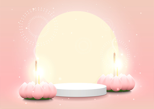 Loy Krathong Festival. Abstract scene. Stage podium decorated with Krathong-made from lotus petals, moon, firework on pink background. 3d pedestal backdrop. Celebration culture. Vector illustration.
