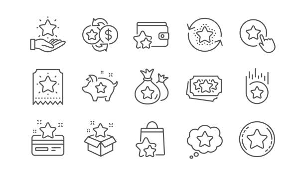 Loyalty program line icons. Bonus card, Redeem gift and discount coupon. Linear set. Vector Loyalty program line icons. Bonus card, Redeem gift and discount coupon signs. Lottery ticket, Earn reward and winner gift icons. Linear set. Vector incentive stock illustrations