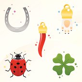 some lucky charms. Gambling and chance concept: ladybug, rabbit's paw, chili pepper, horn, clover, horseshoe