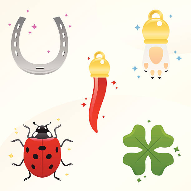 lucky charms - pepper, rabbit's paw, ladybug, clover and horseshoe - napoli stock illustrations