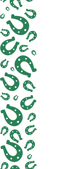 Lucky horseshoe. The horse's shoes are green. Seamless vertical border. Repeating vector pattern. Isolated colorless background. Good luck symbol. Endless ornament. St. Patricks Day.