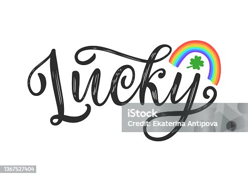 istock Lucky word Celtic brush calligraphy decorated by rainbow and four-leaf clover shamrock. 1367527404