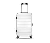 Luggage bag isolated on white background. Large suitcase with metal handle and wheels. Realistic vector illustration.