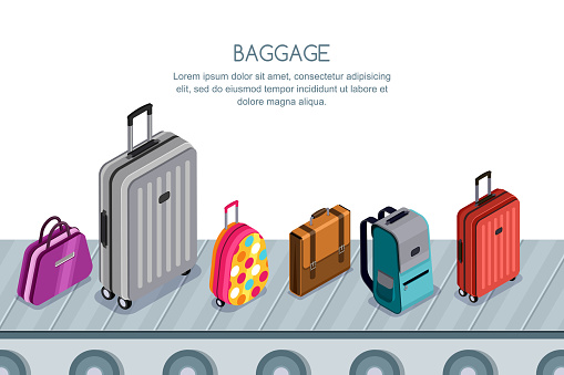 Luggage, suitcase, bags on conveyor belt. Vector 3d isometric illustration. Concept for checked baggage claim.