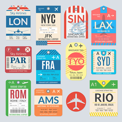 Luggage tag set. Airport baggage tickets. Travel labels. Vector illustration.