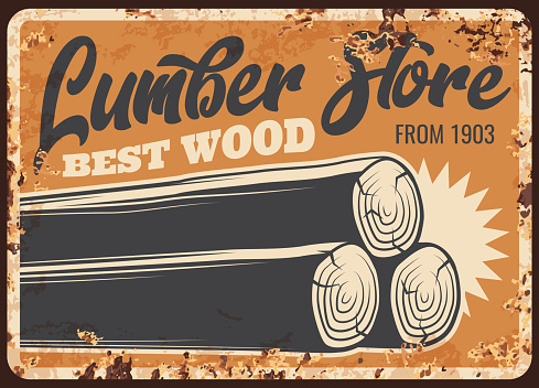 Lumber store wood, metal plate rusty, woodwork