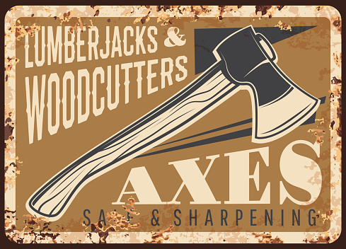 Lumberjack axes, woodwork tools metal plate rusty