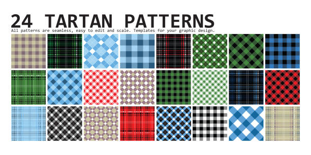 Lumberjack Tartan. 24 patterns Lumberjack Tartan and Buffalo Check Plaid Patterns in Red, Black, White and Khaki. Trendy Hipster Style Backgrounds. Vector EPS File Pattern Swatches made with Global Colors. checked pattern stock illustrations