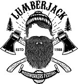 Lumberjack. Woodworkers festival poster template. Design element for emblem, sign, label, poster. Vector illustration