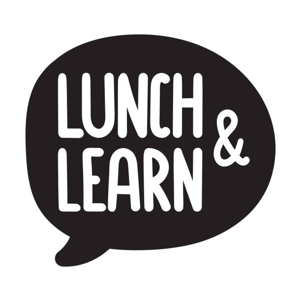 lunch &amp; learn. vektor gezeichnete rede blase handsymbol, abzeichen abbildung auf weißem hintergrund. - lunch stock-grafiken, -clipart, -cartoons und -symbole